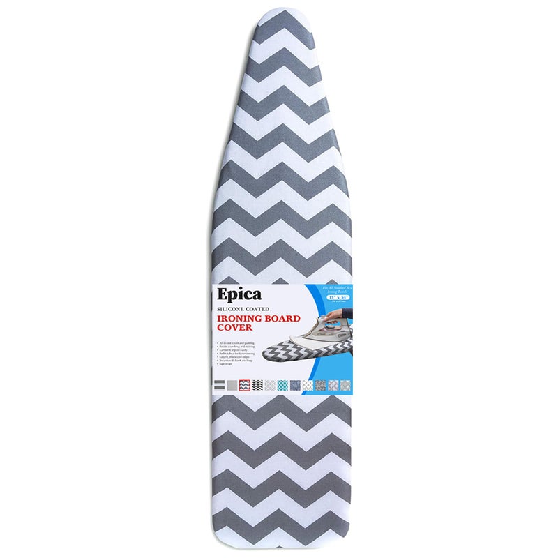Epica غطاء وطاولة كي إبيكا - حجم قياسي 15x54 غطاء طاولة كي مبطن، طلاء عاكس للحرارة، وسادات سميكة، غطاء طاولة كي مقاوم للاحتراق والبقع مع حشوة رمادية على شكل شيفرون - Image 1
